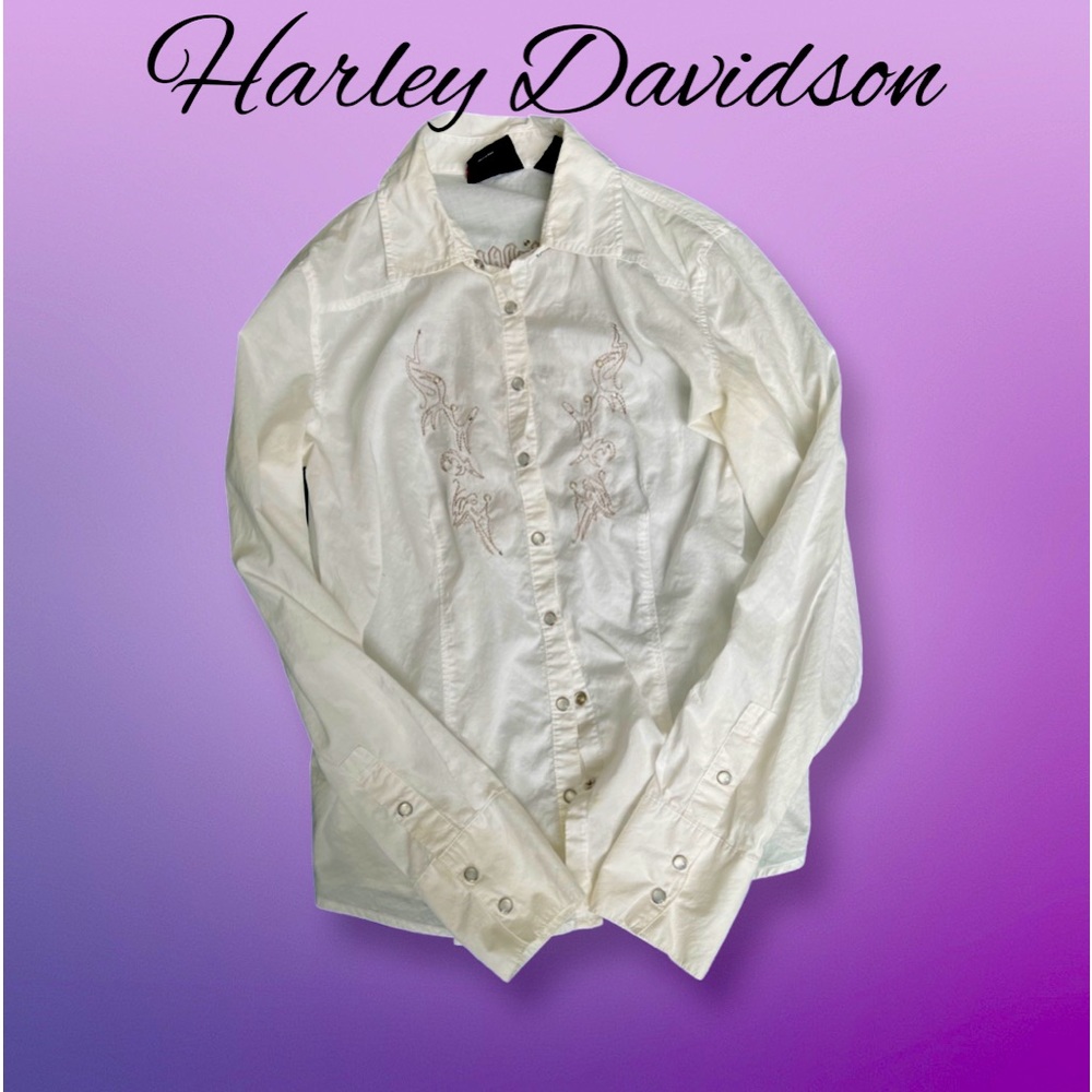 Harley Davidson white long sleeve cotton blouse size m
